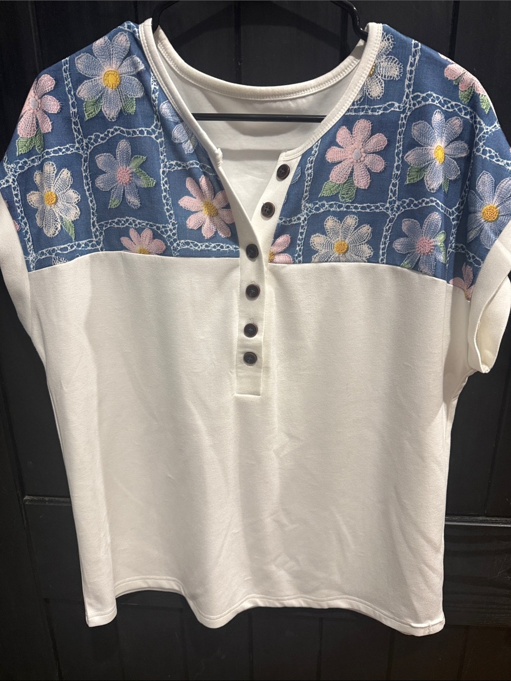 Women's White Short-Sleeve Henley Top with Blue Floral Yoke